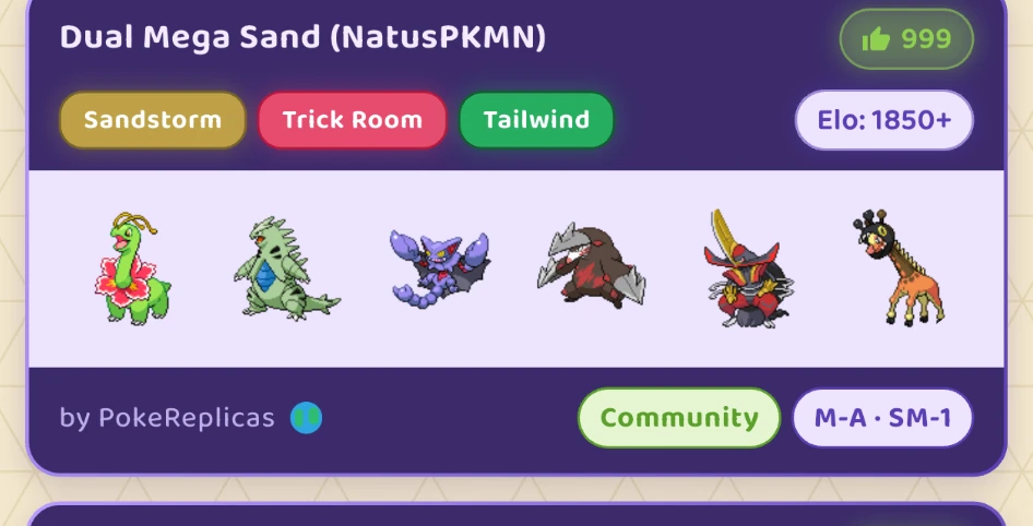 A replica team card with sprites, archetype tags and Elo
